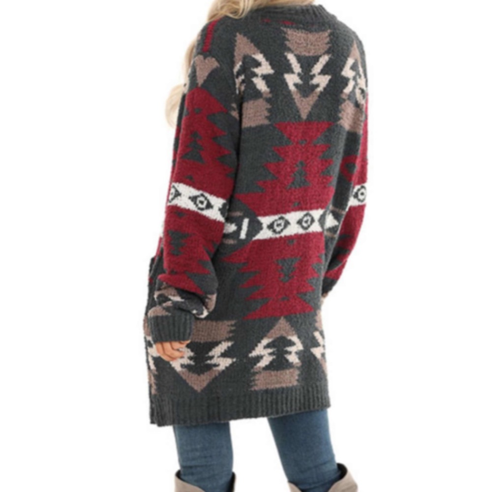 Boho Aztec Tribal Print Cardigan Color Charcoal - Picture 7 of 11